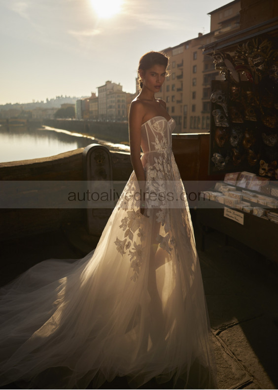 Strapless Ivory Floral Lace Tulle Wedding Dress